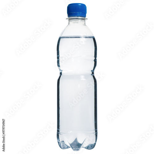 Plastic transparent bottle of water half a liter from a supermarket isolated on a white background. Photos for catalogs of marketplaces and online stores, close-up in excellent quality.