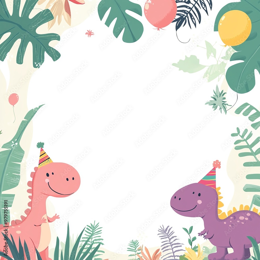 A playful dinosaur-themed background for invitations, featuring colorful dinosaurs, greenery, and a central blank area for text.
A playful dinosaur-themed background for invitations, featuring colorful dinosaurs, greenery, and a central blank area for text.