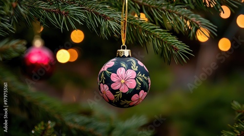 A beautifully decorated ornament with floral design hangs from a lush Christmas tree amidst soft glowing lights. photo