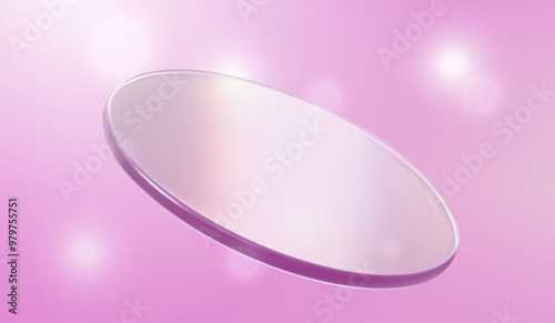 3d glass flying product podium, holographic effect isolated on pink background. Render transparent glass cosmetic or award pedestal, disk stage with iridescent gradient. 3d vector figure