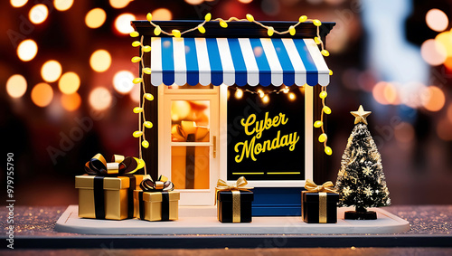 Cyber Monday,  A festive, digitally rendered storefront decorated with Christmas lights and gifts, featuring a 