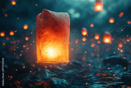 A lit flying candle over water photo