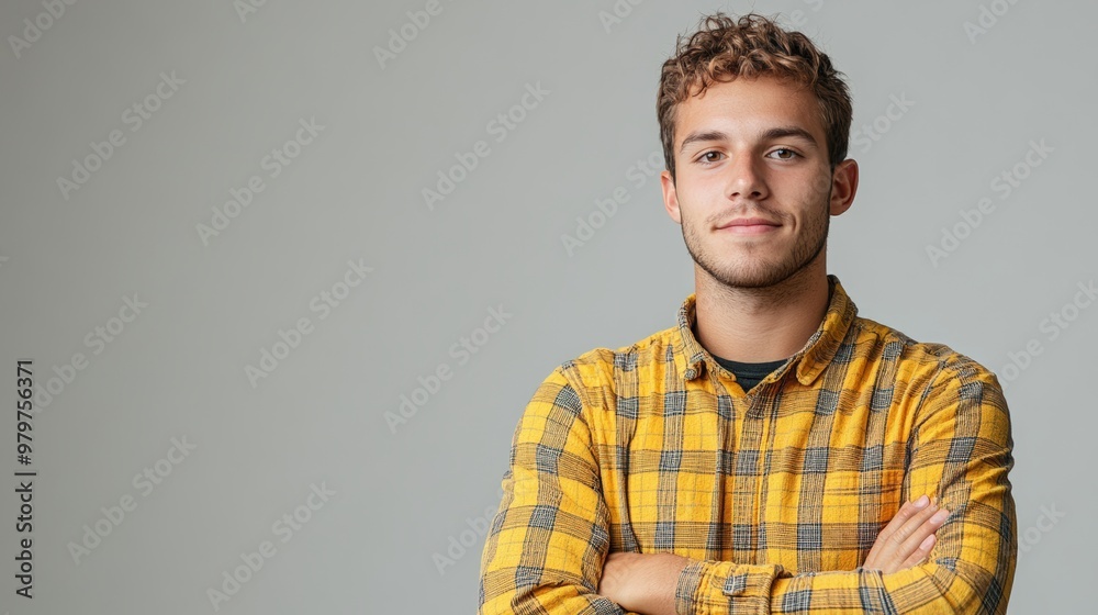Portrait of a kind young Caucasian man wearing a yellow checkered shirt, isolated on a simple light background with copy space. portrait of a satisfied young man. Portrait of a kind young Caucasian man wearing a yellow checkered shirt, isolated on a simple light background with copy space. portrait of a satisfied young man.