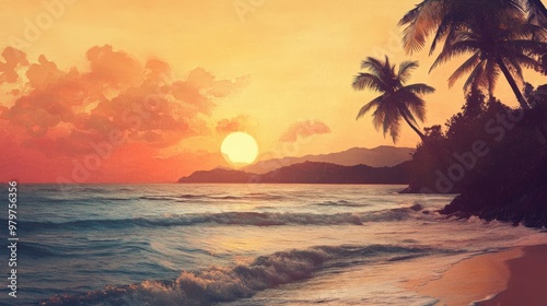 Sunset over tropical beach with palm trees.