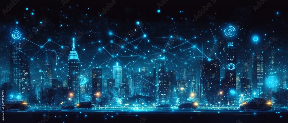 Fototapeta premium The Connected Skyline, Smart Cities and IoT Integration