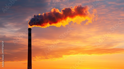 A silhouetted factory chimney emits smoke against a vibrant sunset sky, illustrating industrial pollution and environmental impact.