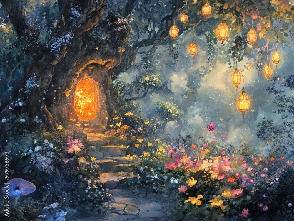 Enchanted forest path with glowing lanterns.
