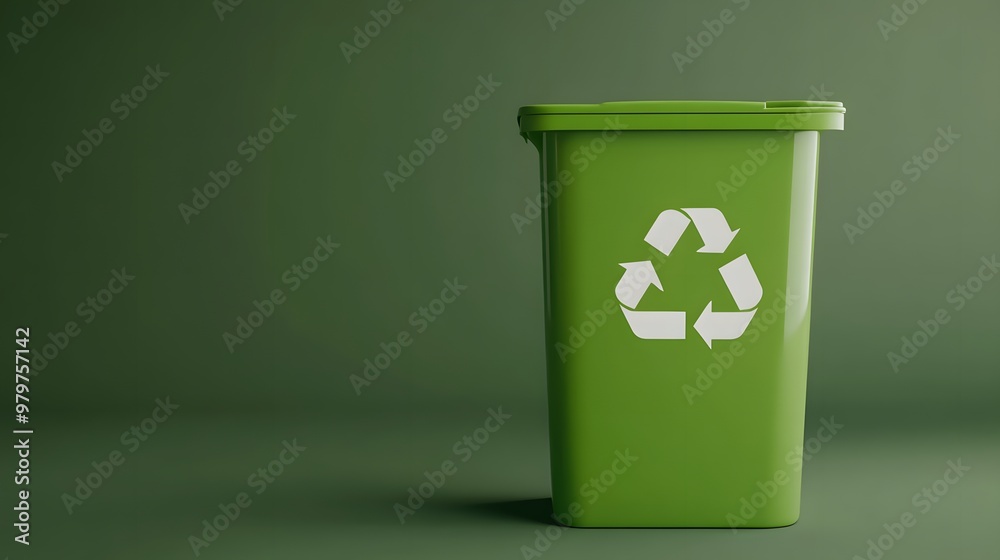 Green recycling bin with a white recycling symbol on it, isolated on a light background Green recycling bin with a white recycling symbol on it, isolated on a light background