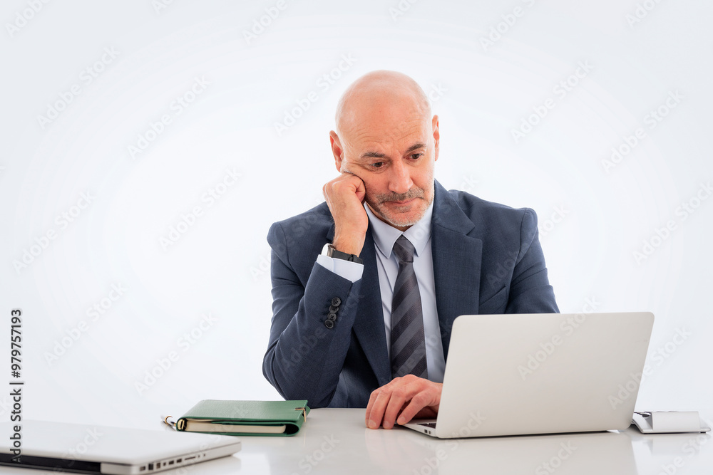 Thinking businessman with laptop sitting at desk against isolated white background Thinking businessman with laptop sitting at desk against isolated white background