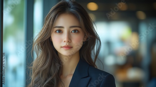 Free Download a confident female CEO standing in a moden office with large window, wearing a tailored suit and looking out thoughtfully - GFXLoad