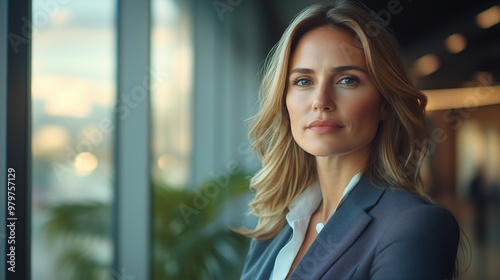 a confident female CEO standing in a moden office with large window, wearing a tailored suit and looking out thoughtfully Free Download a confident female CEO standing in a moden office with large window, wearing a tailored suit and looking out thoughtfully - GFXLoad