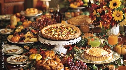 Festive Thanksgiving Buffet Table with Homemade Dishes, Pies, and Refreshing Drinks