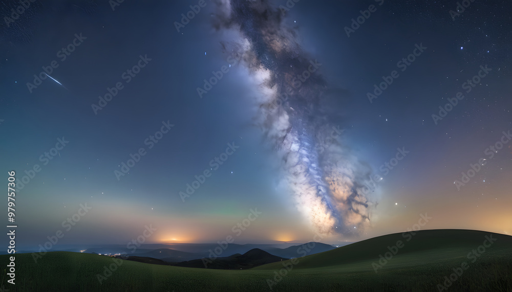 Fototapeta premium A stunning panoramic view of the Milky Way galaxy, showcasing a bright band of stars and cosmic dust stretching across the night sky. The foreground features a dark landscape.