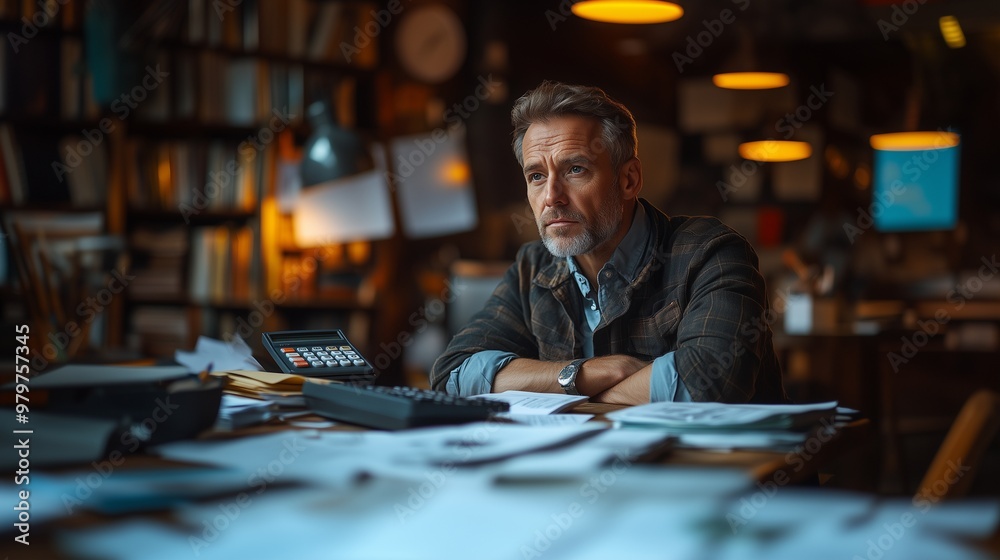 An accountant sitting at a desk cluttered with documents and a calculatora An accountant sitting at a desk cluttered with documents and a calculatora