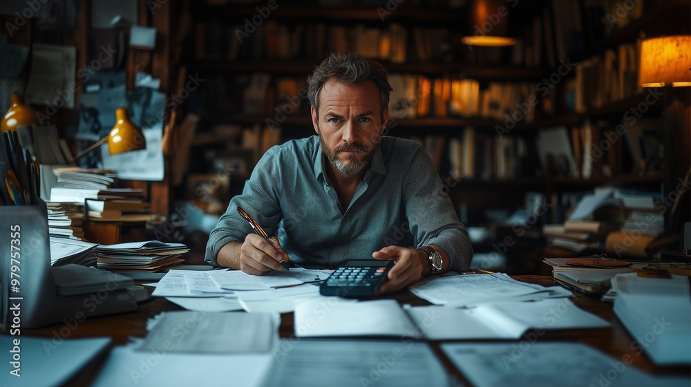 An accountant sitting at a desk cluttered with documents and a calculatora An accountant sitting at a desk cluttered with documents and a calculatora