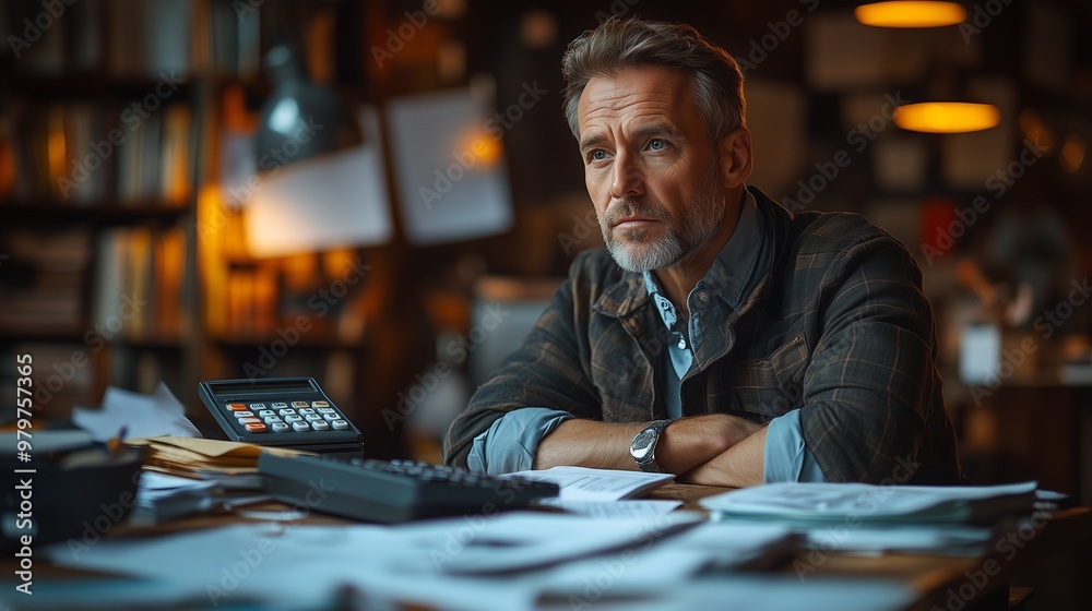 An accountant sitting at a desk cluttered with documents and a calculatora An accountant sitting at a desk cluttered with documents and a calculatora