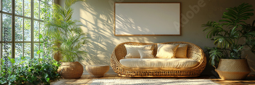 A wicker couch with white cushions sits in a sunny living room.