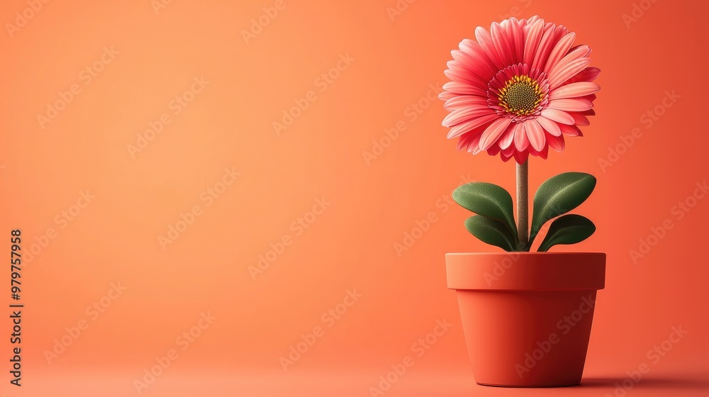 A vibrant pink flower in a terracotta pot against a warm orange background, ideal for adding a splash of color and freshness. A vibrant pink flower in a terracotta pot against a warm orange background, ideal for adding a splash of color and freshness.