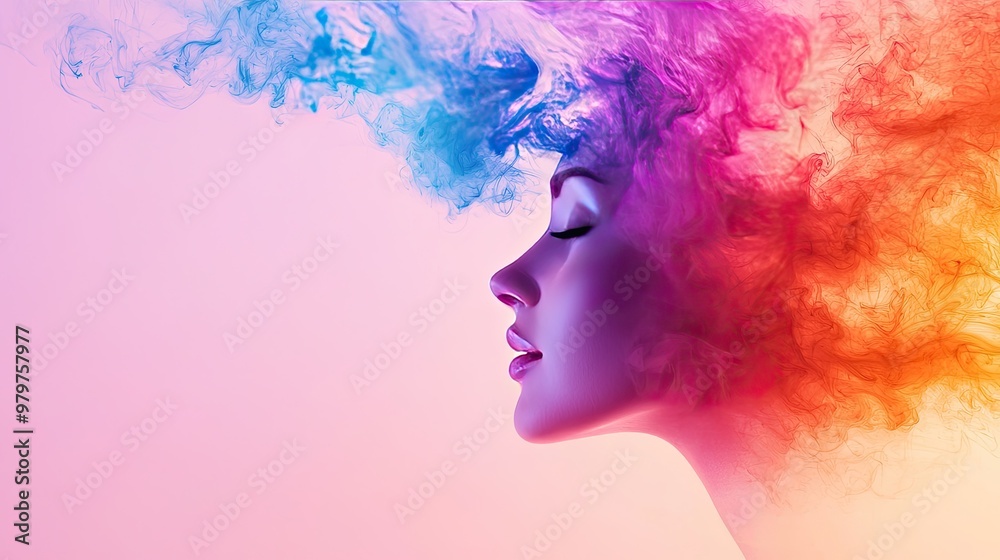 A vibrant profile of a woman with colorful smoke swirling around her head, representing creativity and imagination. A vibrant profile of a woman with colorful smoke swirling around her head, representing creativity and imagination.