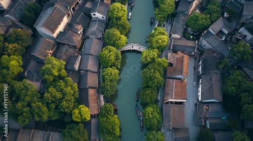 Aerial View of the Ancient Cityscape of Suzhou with Canals and Historic Architecture photo