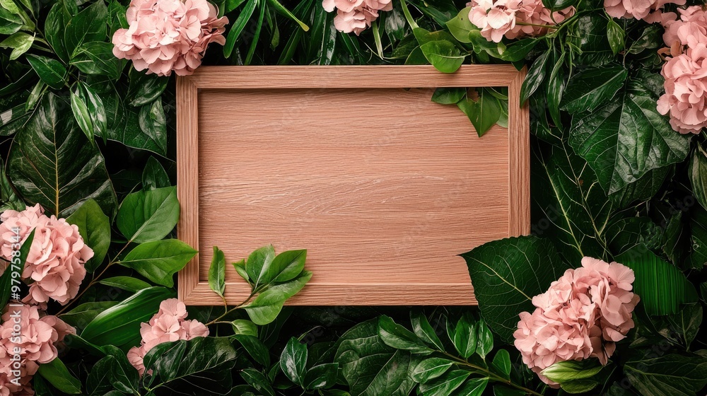 Obraz premium A wooden frame surrounded by vibrant green leaves and pink flowers, ideal for showcasing beautiful artworks or photos.