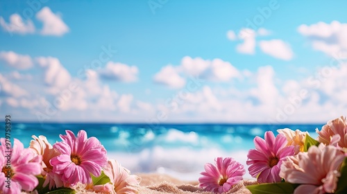 Wallpaper Mural Beautiful beach scene featuring pink flowers against a vibrant ocean and blue sky, perfect for relaxation and vacation themes. Torontodigital.ca