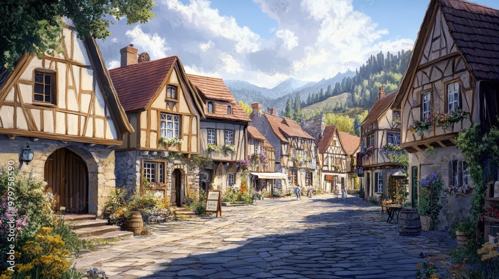 Stone-paved street in a quaint village with timber-framed houses. Stone-paved street in a quaint village with timber-framed houses.