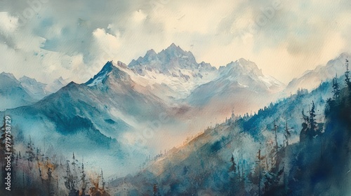 Watercolor painting of a misty mountain range.