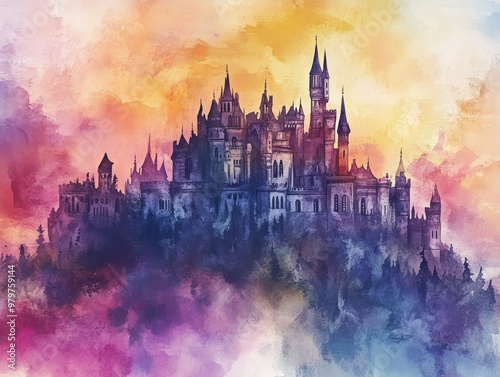 Watercolor painting of a castle in a forest.