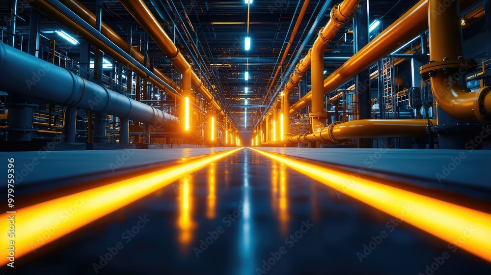 Futuristic industrial pipeline with glowing lights on the floor, showcasing modern engineering and technology in a factory setting.