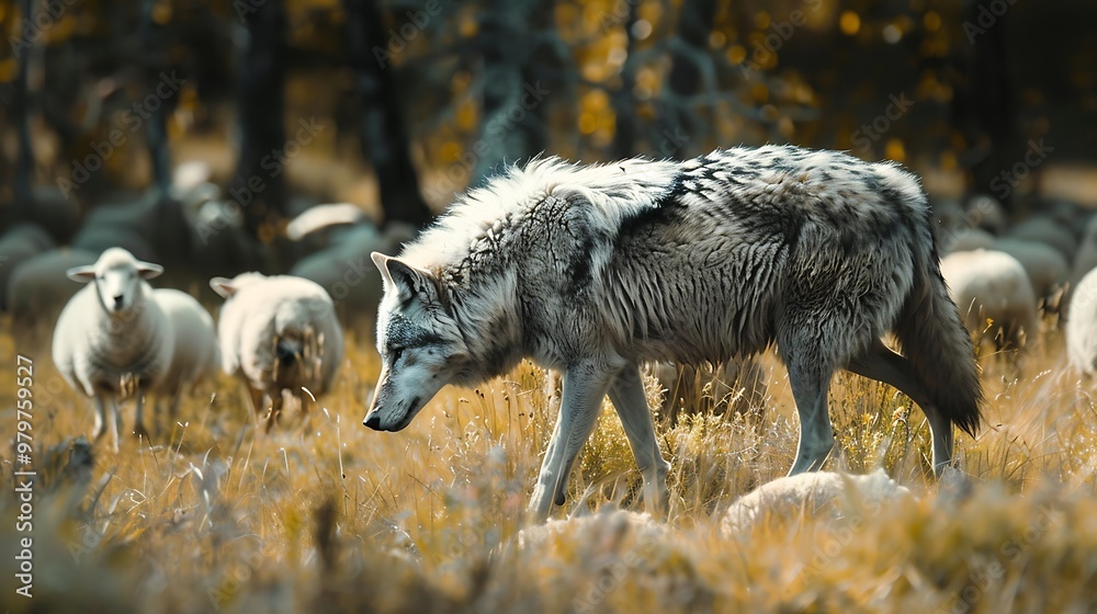 Naklejka premium A wolf using camouflage and blending sheep the walk