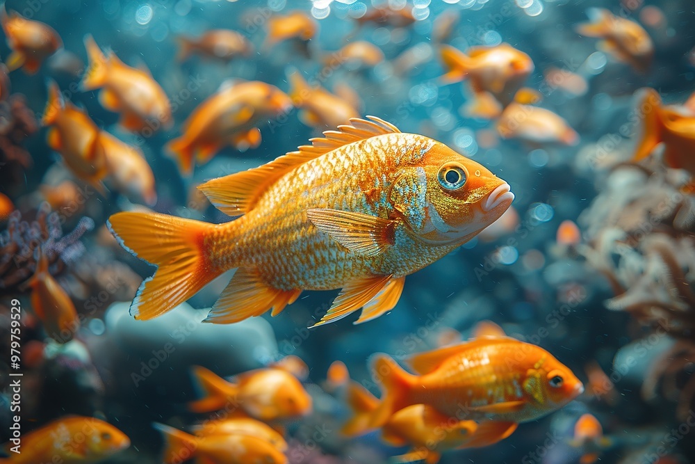 Naklejka premium A school of orange fish swimming in a tank