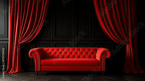 Luxurious red velvet sofa with elegant black curtains in a sophisticated interior setting, perfect for modern home decor.