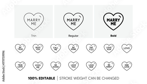 Sweetheart for valentines day, love heart, romantic message. Sweet heart line icons. Marry me, kiss me, one love icons. Valentine flirt, dating message. Linear set. Line icons set. Vector