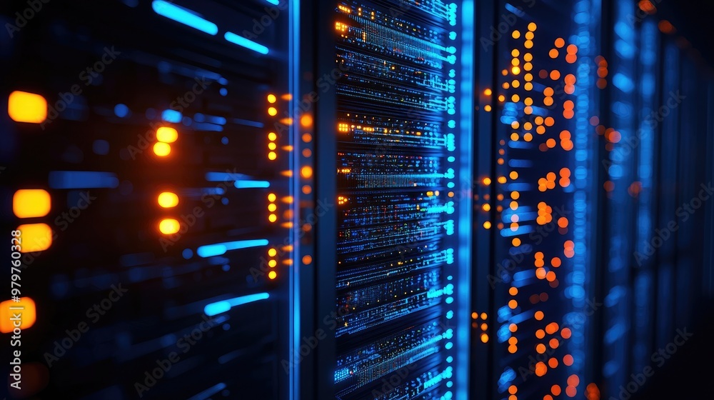 Vibrant server room with illuminated racks showcasing blue and orange lights, representing advanced technology and data storage.