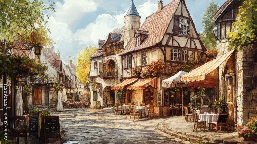 A picturesque European street with cafes and charming buildings. A picturesque European street with cafes and charming buildings.