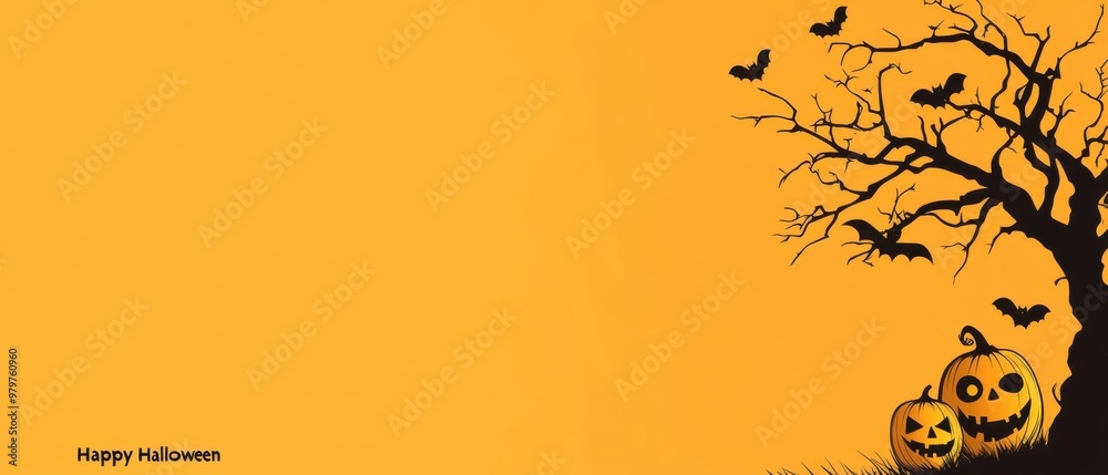 Vector graphic of an orange background with spooky Halloween designs, including pumpkins, black trees, and bats on the right side, with a large blank space for text in the center: Vector graphic of an orange background with spooky Halloween designs, including pumpkins, black trees, and bats on the right side, with a large blank space for text in the center: