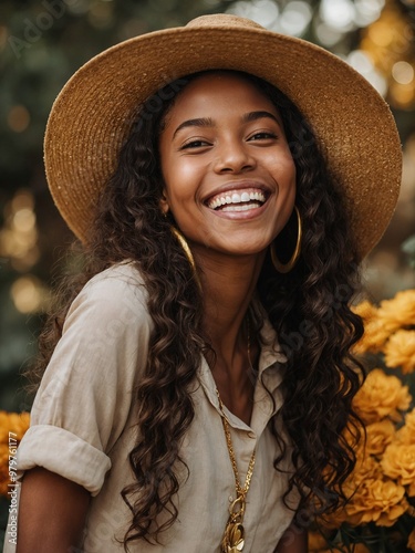 Young Black woman with curly dark hair wearing straw hat and smiling in field of yellow flowers