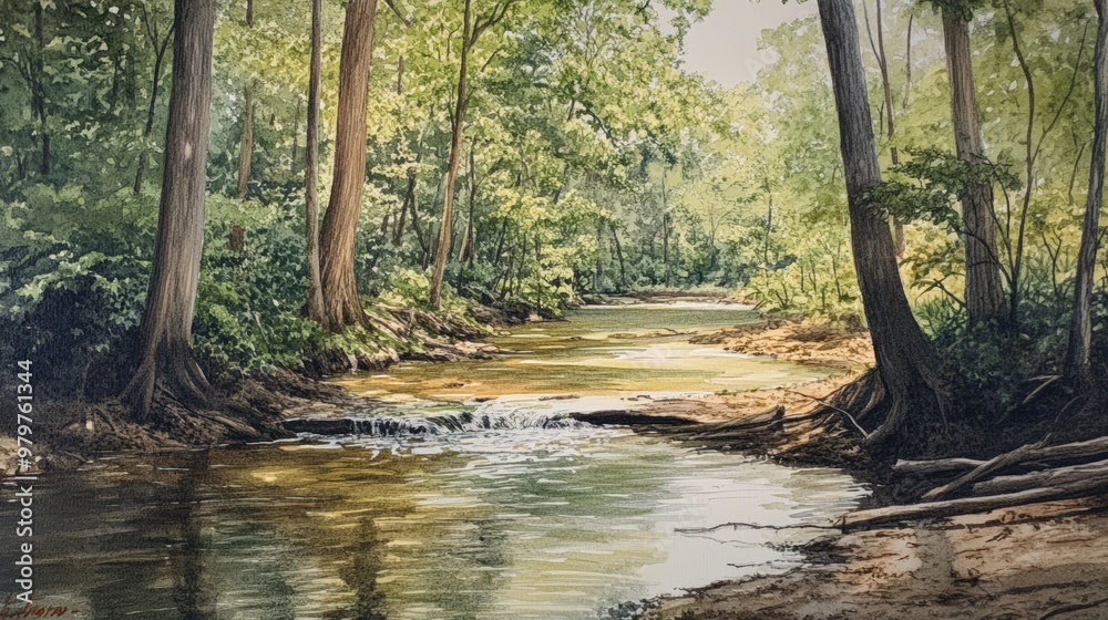 A stream winds through a lush green forest. A stream winds through a lush green forest.