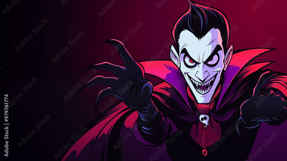 Whimsical happy dracula Halloween on gradient black color background. Whimsical happy dracula Halloween on gradient black color background.