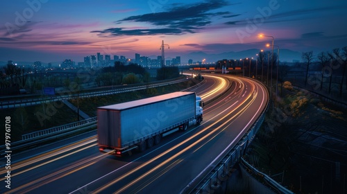 Semi-Truck Driving on a Highway at Night photo