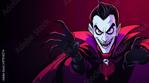 Whimsical happy dracula Halloween on gradient black color background.