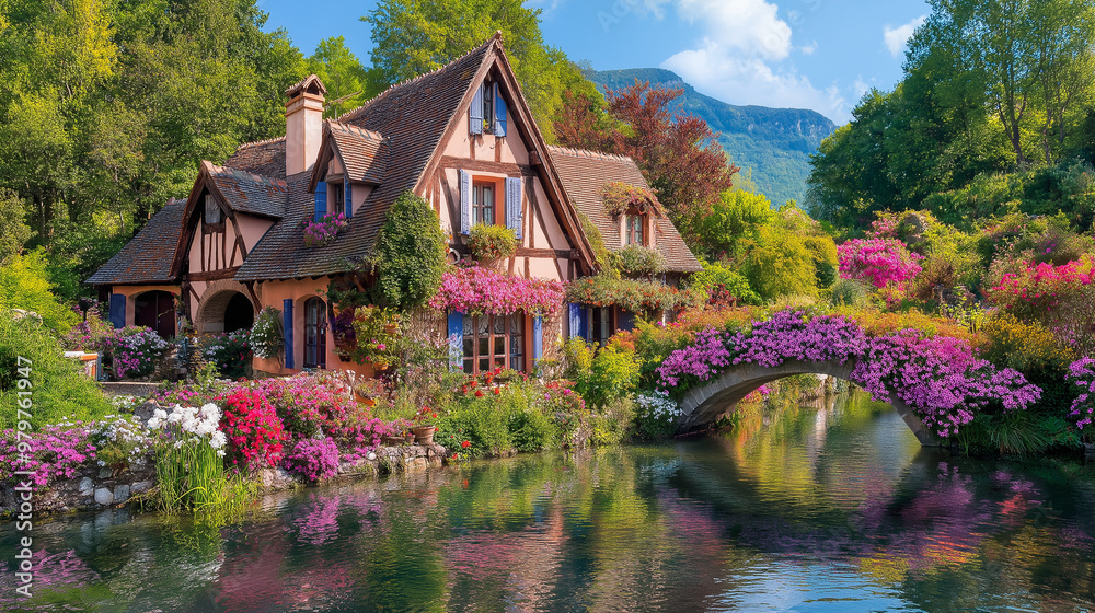 Obraz premium Tiny House Near a river dense forest