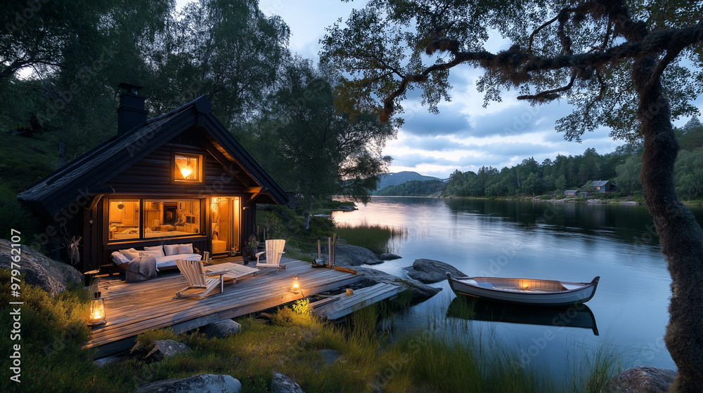 Obraz premium Tiny House Near a river dense forest