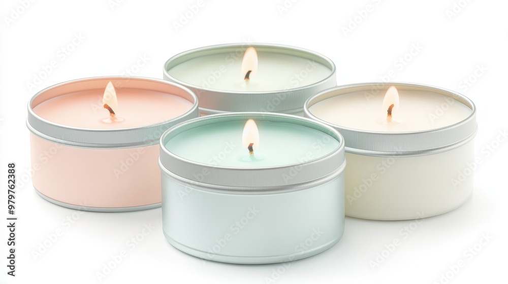 A row of four candles in different colors, with one of them being pink A row of four candles in different colors, with one of them being pink