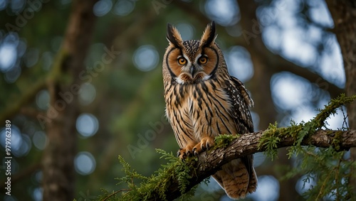 Long-eared owl perched in the trees.