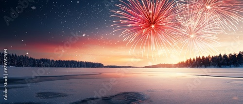 A vibrant fireworks display over a city skyline, illuminating the night sky as crowds below celebrate the start of the New Year photo