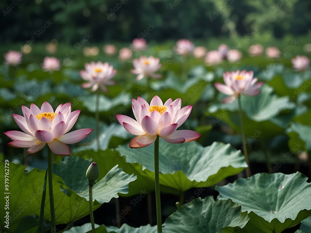 Lotus flowers standing out against green leaves in summer. Lotus flowers standing out against green leaves in summer.