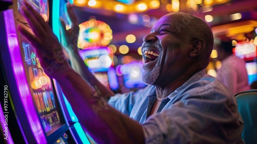 happy man winning 8 on a slot machine in a casino