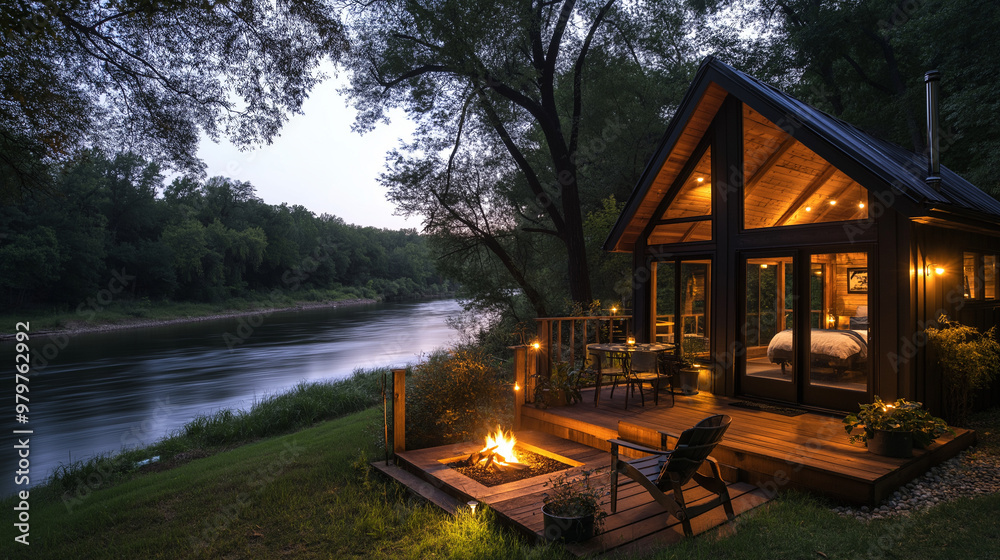 Obraz premium Tiny House Near a river dense forest